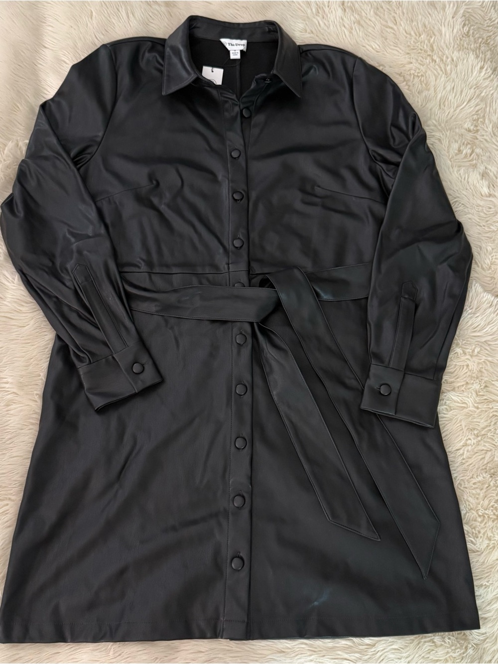 The Drop Black Faux Leather Shirt Dress with Belt
